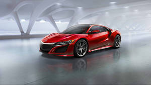 未來主義白色車庫中反射地板上的紅色跑車。 — Acura 壁紙