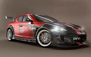 紅黑配色馬自達RX-8賽車，帶有贊助商貼紙和發光車頭燈。 — Steam Deck OLED 壁紙