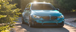 綠松石色BMW M3在陽光明媚的森林道路上行駛。 — 豪華車 壁紙