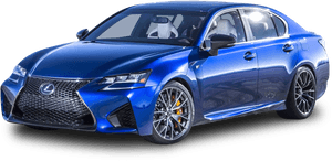 藍色 Lexus 轎車，配備黑色輪圈和橙色制動卡鉗，背景為黑色。