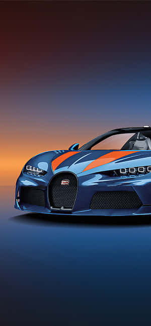 藍色Bugatti超跑帶有橙色條紋，背景為日落漸變色。 — Galaxy A36 壁紙