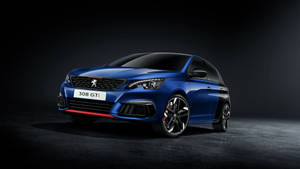 藍色Peugeot 308 GTI跑車在工作室中，帶有紅色點綴和黑色車輪。 — Mercedes Benz C300 壁紙