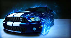 帶有白色條紋的藍色Shelby Mustang被發光的藍色能量效果包圍。 — 野馬GIF 壁紙