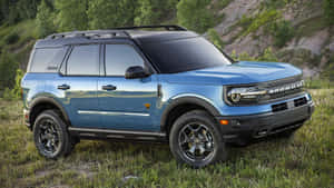 藍色福特Bronco SUV停在岩石山丘和樹木附近的草地上。 — 福特野馬越野車 壁紙