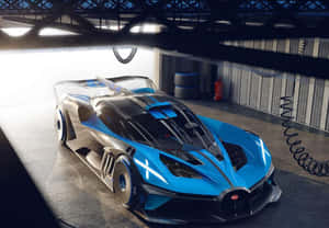 未來主義的藍黑 Bugatti 概念車，位於高科技車庫。 — 布加迪 GIF 壁紙