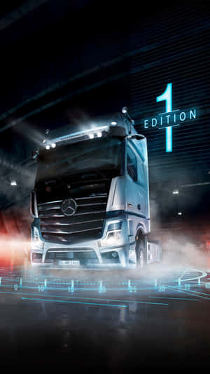 時尚的銀色 Mercedes-Benz 卡車停在高科技車庫中，周圍有發光的藍色線條和煙霧。 — 豪華車 壁紙