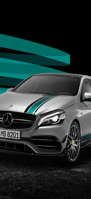銀色 Mercedes-AMG 在深色抽象背景上帶有青綠色條紋 — iPhone 18 Pro 壁紙