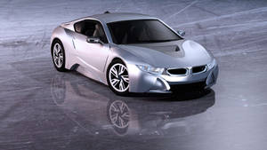 反光混凝土表面上的銀色BMW i8跑車。 — 高清汽車 壁紙