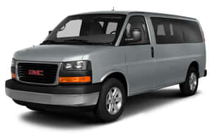 銀色GMC廂型車，配備有色車窗和鉻合金輪圈，背景為白色。 — Vans 標誌 壁紙