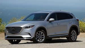 銀色Mazda CX-9 SUV停泊在碎石路上，背景有山脈和野花。 — 馬自達 壁紙