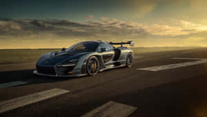 日落時分跑道上的銀色McLaren Senna，天空戲劇性 — 蘭博基尼 壁紙