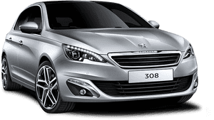 銀色Peugeot 308轎車，時尚設計和現代頭燈。