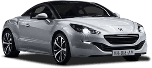 銀色Peugeot RCZ跑車，帶有發光頭燈，黑色背景。