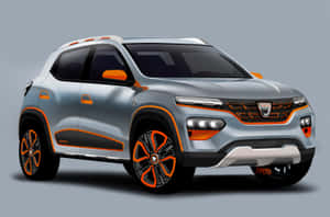 灰色背景上帶有橙色飾邊和黑色輪轂的銀色電動SUV。 — 高清汽車 壁紙