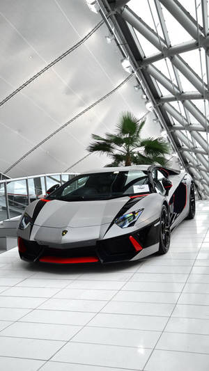 銀色藍寶堅尼Aventador帶紅色點綴，在玻璃屋頂下室內展示。 — 汽車 壁紙
