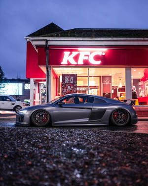 黃昏時一輛銀色跑車停在KFC外，潮濕路面反射燈光。 — 肯德基 壁紙