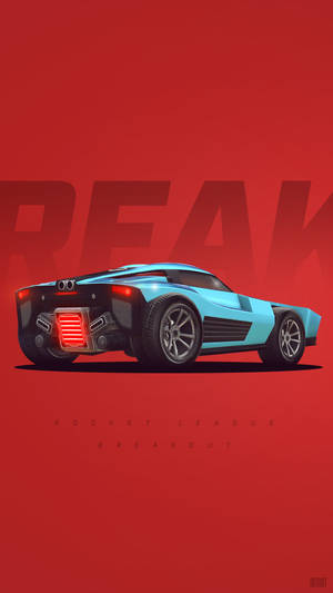 一輛藍色的Rocket League汽車，帶有紅色排氣管，背景為紅色，並帶有「BREAK」文字。 — 藍色美學電腦 壁紙
