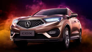 青銅色Acura CDX SUV，帶有發光頭燈，背景為火焰煙霧。 — Acura 壁紙