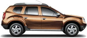 青銅色SUV，銀色車頂行李架和合金輪圈，側面輪廓。