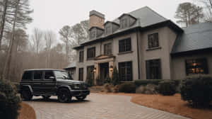 黑色 Mercedes G-Class 停泊在大型米色豪宅前，有石頭車道和光禿禿的樹木。 — 首頁 壁紙