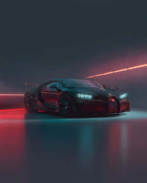 黑色Bugatti Chiron在黑暗的攝影棚中被紅色和藍色霓虹燈照亮。 — 霓虹車 壁紙
