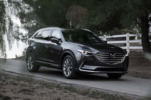 黑色Mazda CX-9 SUV在鋪砌的道路上，周圍環繞著樹木和白色柵欄。 — 馬自達 壁紙