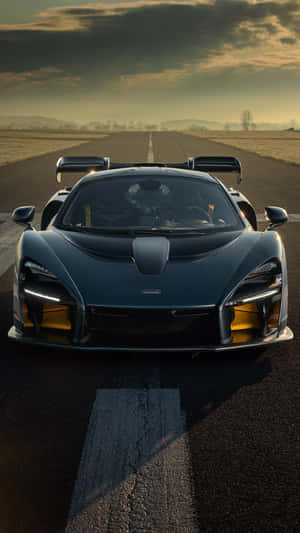 金色黃昏時分，黑色McLaren Senna跑車停在跑道上。 — 凱迪拉克 壁紙