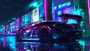 黑色McLaren跑車停在潮濕的街道上，下方是發光的霓虹招牌。 — 賽博龐克城市 壁紙