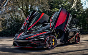 黑色McLaren跑車，帶有紅色點綴和打開的車門，停泊在戶外。 — 酷炫F1 壁紙