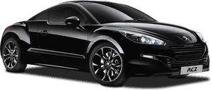 黑色Peugeot RCZ跑車，帶照明頭燈和銀色輪圈，黑色背景。