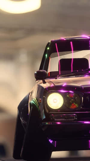 黑色汽車在黑暗車庫中帶有霓虹燈 — 電玩遊戲 GIF 壁紙