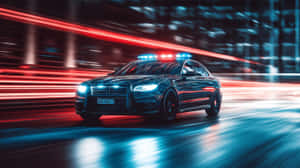 黑色警車在夜晚霓虹街道上疾馳，留下紅色和藍色光跡。 — 城市 壁紙
