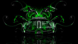 發光綠色Monster Energy賽車，黑色背景上帶有液體效果 — 漫威標誌 壁紙