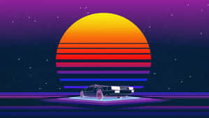 黑色跑車在繁星點點的夜晚，於巨大的彩色日落之下。 — 復古 壁紙
