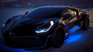 黑色Bugatti超跑帶藍色燈光夜間停泊在水邊。 — 布加迪 GIF 壁紙