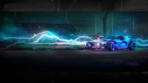 未來主義藍色汽車在黑暗車庫中發出電光。 — 4K 火箭聯盟 壁紙