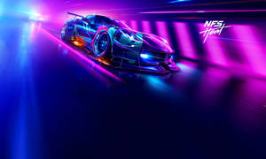 未來主義賽車在 NFS Heat 的霓虹隧道中加速行駛。