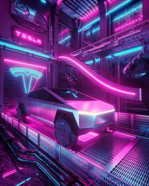 未來感十足的Tesla Cybertruck在霓虹燈工業設施中 — 特斯拉 壁紙