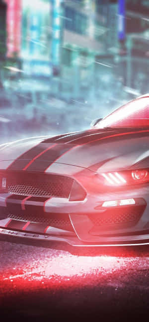 紅色 Shelby Mustang GT500 在雨夜霓虹城市中飛馳 — 電玩遊戲 GIF 壁紙