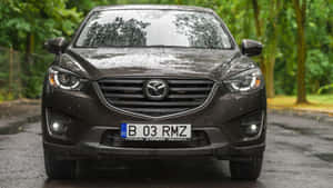 深灰色Mazda CX-3在濕滑路面上被綠樹環繞的正面視圖。 — 馬自達 壁紙