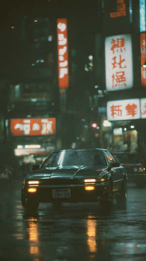深色轎車在雨天的東京街道上行駛，霓虹招牌在濕路面上反射 — 日式審美桌面 壁紙