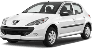 白色Peugeot 207緊湊型掀背車從前側四分之三視角觀看。