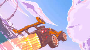 橙色火箭車在雲霄飛車附近穿過紫色雲朵飛行。 — 火箭聯盟 壁紙
