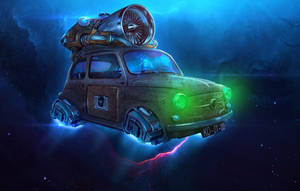 生鏽的復古汽車配備火箭引擎，飛過色彩繽紛的宇宙星雲。 — 迷失太空 壁紙