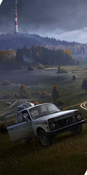 霧氣瀰漫的秋日田野中被遺棄的生鏽汽車與遠方塔樓 — 電玩遊戲 GIF 壁紙