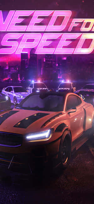 橙色跑車在霓虹城市中夜間飛馳，警方追捕。 — Galaxy S26 Ultra 壁紙
