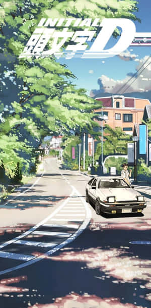 動畫汽車在明亮的藍天下，在綠樹成蔭的郊區街道上甩尾。 — 街頭 壁紙