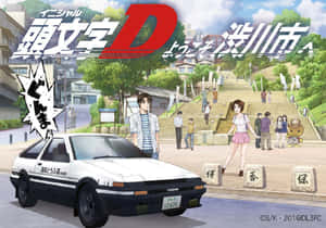 動漫場景，白色跑車和角色在日本小鎮。 — 頭文字D 壁紙