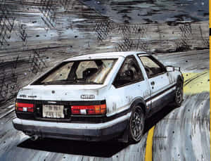 白色AE86汽車在濕滑路面上飄移，帶有動態模糊和城市背景。 — 動漫汽車 壁紙