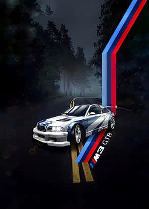 白色BMW M3 GTR在夜間穿過黑暗森林，帶有彩色條紋。 — 電玩遊戲 GIF 壁紙